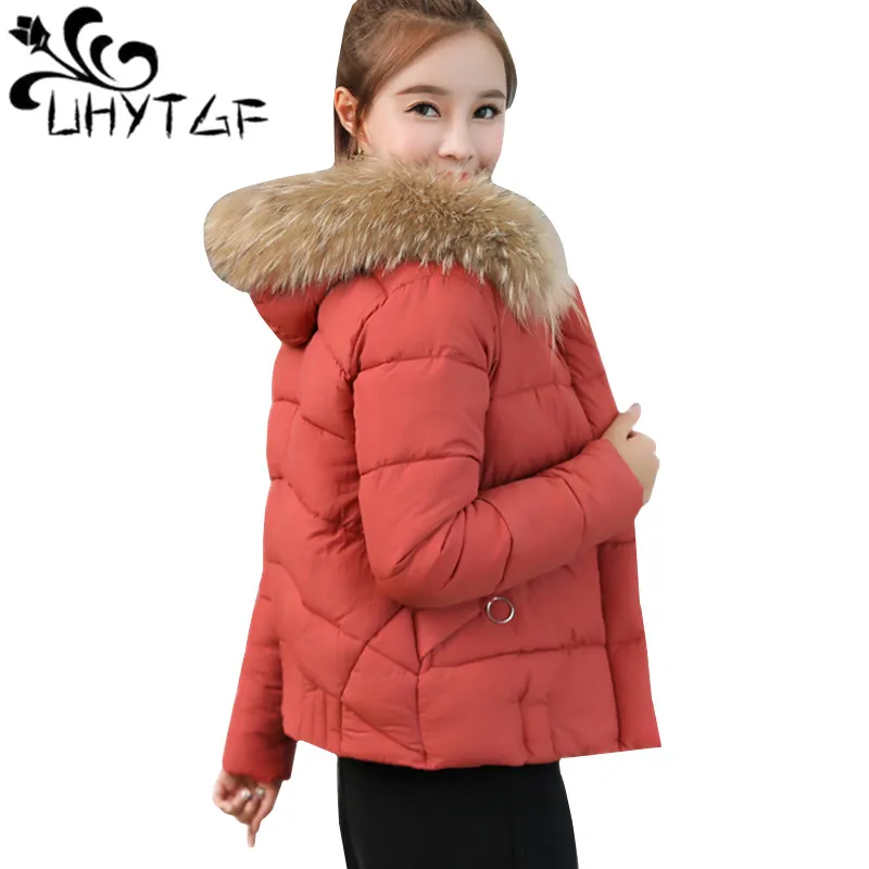 ##BUY UHYTGF Fur collar Hooded Down Jacket Winter Jacket Women Tops Thicken Warm Short Coat Plus size Outerwear Cotton padded Coat 127