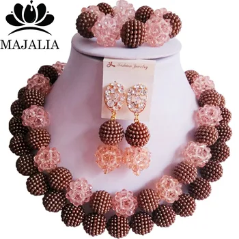 

Fashion Nigeria Wedding Brown african beads jewelry set Crystal Plastic pearl necklace Bridal Jewelry Sets Free shipping VV-092
