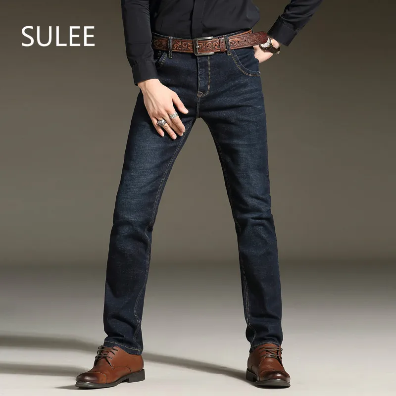 

Sulee Brand 2017 Men's Stretch Jeans Fashion Simple Casual Business Pant Slim Fit Straight Leg Medium Washed Denim