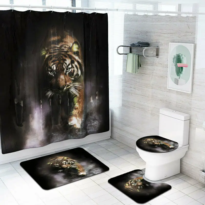 

4Pcs/Set Bathroom Non-Slip Pedestal Rug+Lid Toilet Cover+Bath Mat+Shower Shining fashion Comfortable Curtain