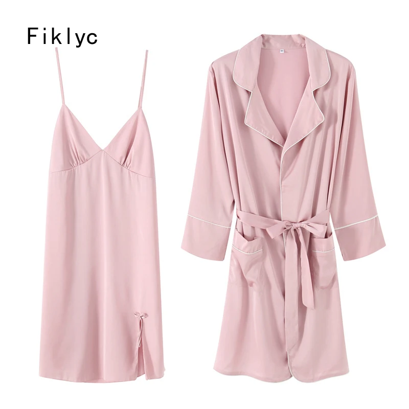 

Fiklyc underwear sexy women's long sleeve robe & gown sets padded split nightdress with bathrobes two pieces female nighties NEW