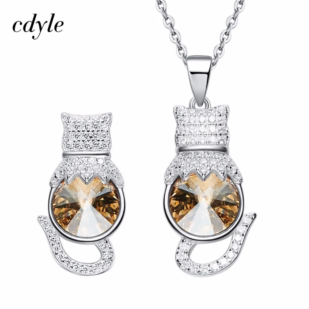 

Cdyle Crystals from Swarovski S925 Sterling Silver jewelry Cute Cat Shape Necklace Earrings Set Fashion Women Party Jewelry