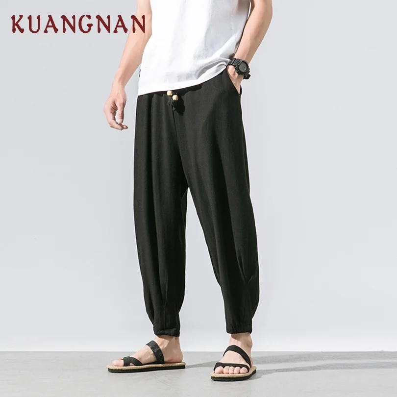 KUANGNAN, китайский стиль, однотонные хлопковые льняные брюки, мужские брюки, хип-хоп штаны для бега, мужские спортивные штаны, уличная одежда, мужские штаны, новинка