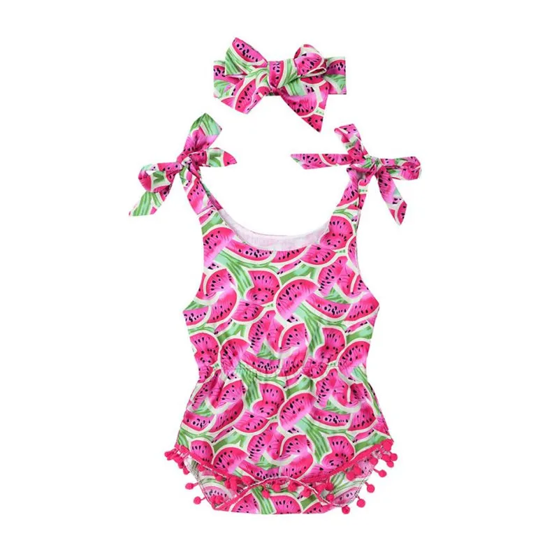 

ARLONEET Newborn Strap Romper Baby Girl Watermelon Tassel Print Romper Headband Jumpsuit Climbing Clothes Drop Shipping 30S68