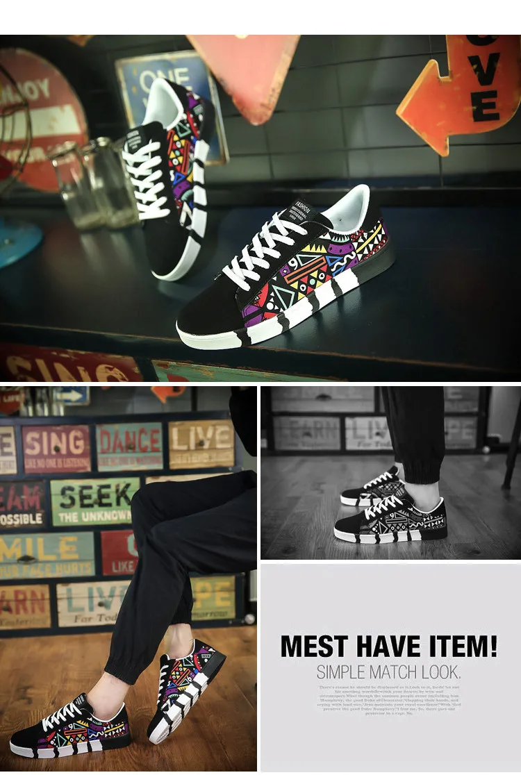 

Free Shipping 2019 Summer Men Casual Shoes Canvas Slip-up Men Fashion Footwear Walking Male Graffiti Black Sneakers KD770-778 A1