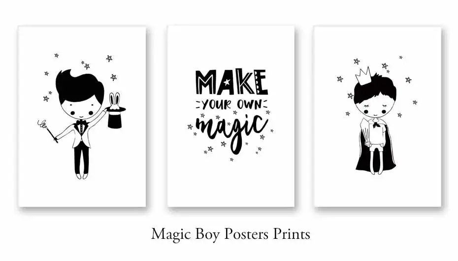 Cartoon Magic Boy Posters Prints Black & White Kids Canvas Painting On The Wall Modern Art Pictures For Boy Bedroom Home Decorat (2)
