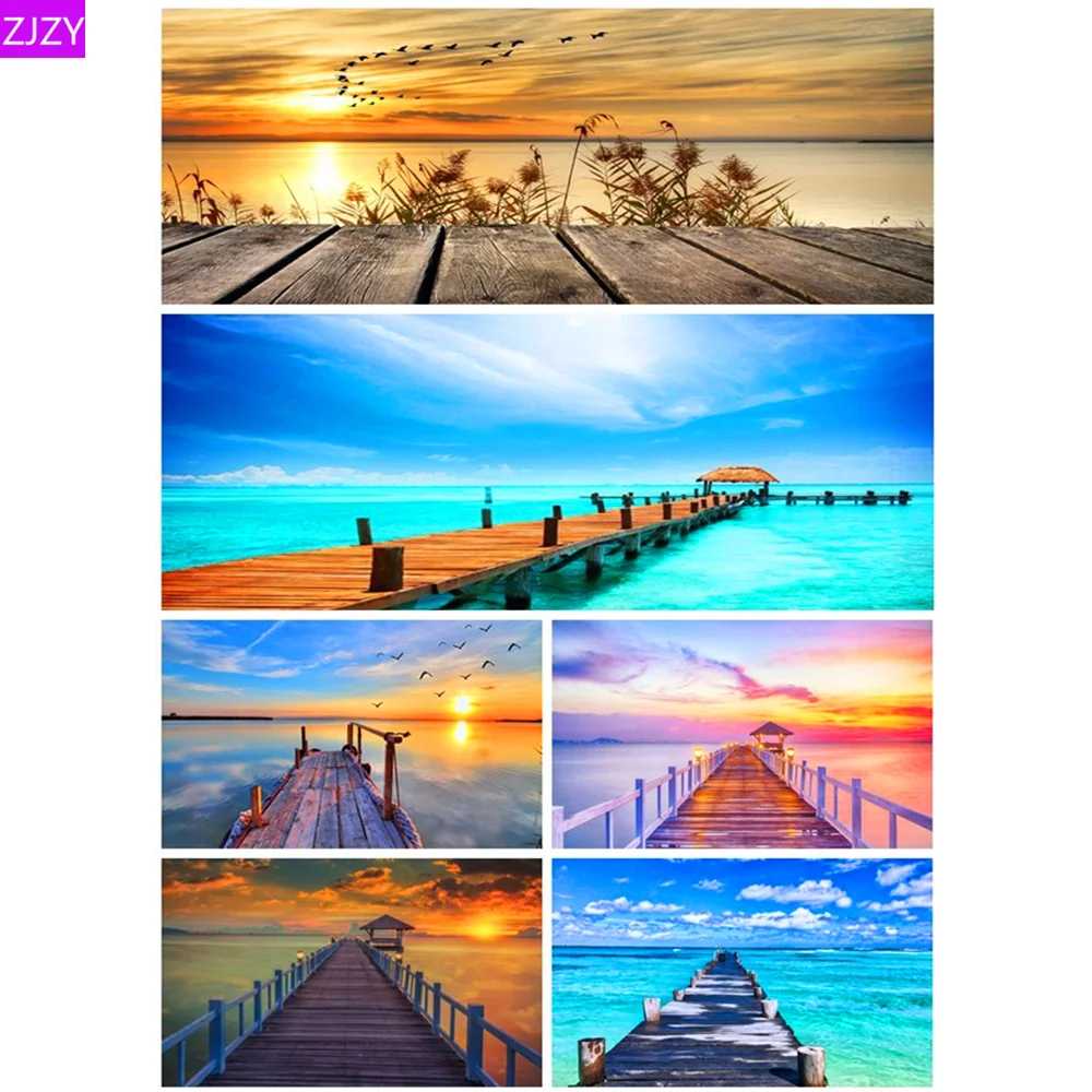 

ZJZY DIY Diamond Embroidery Sunset Wooden Bridge Landscape Cross Stitch 5D Full Diamond Mosaic Diamond Painting Rhinestone LY817