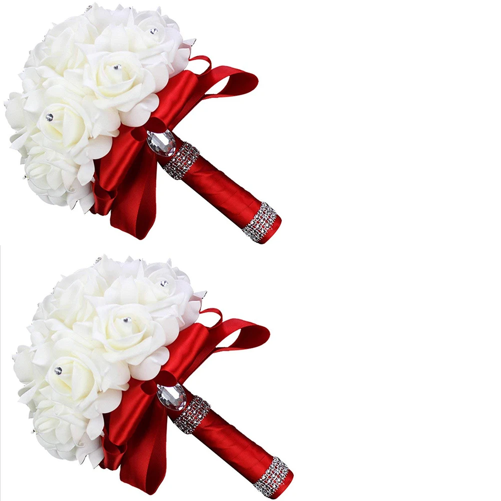 Ручной работы, красивый Сиреневый цветок невесты, свадебный букет, искусственный цветок, роза, лента, хрустальные букеты de noiva - Цвет: 2 Red