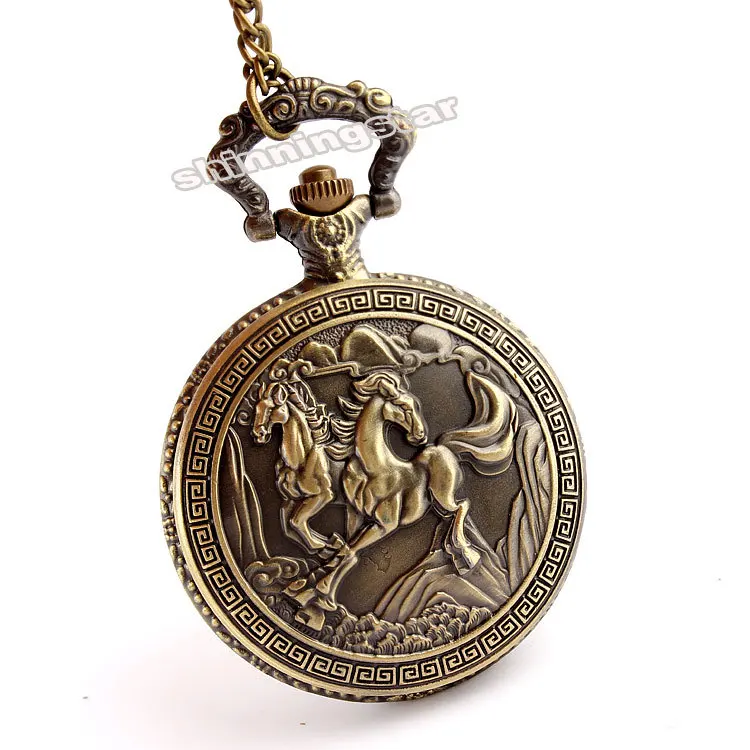 

2018 Antique Retro Bronze Horse Quartz Pocket Watch With Chain Necklace Pendant Unique Matel Pocket Fob Clock Men Women Gifts