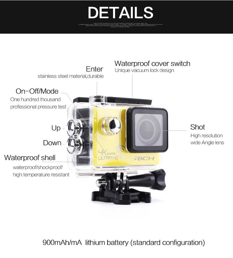 DHL Sport Camera NT96660 4K 24fps ULTRA HD 16MP WiFi 30M Waterproof Action camera Aluminum Extendable Pole Stick+camera bag light action camera