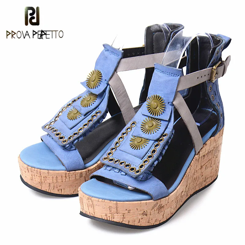 

Prova Perfetto Leisure Design Metal Ring Bordered Genuine Leather Thickness Wedge Sandals Appliques Open Toe Ankle Strap Shoes