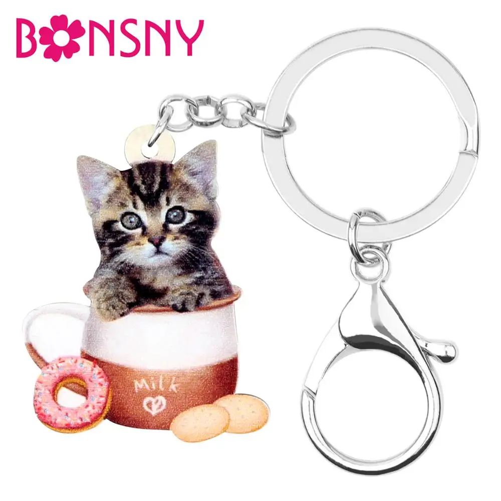 

Bonsny Acrylic Coffee Cup Kitten Cat Keychain Keyrings Unique Fashion Animal Pet Jewelry For Women Girls Charms Lots Decoration