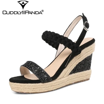 

CuddlyIIPanda 2019 Summer Sheepskin Suede Women Wedge Sandals 9cm High Heels High Quality Buckle Sandals Woven Zapatos Mujer