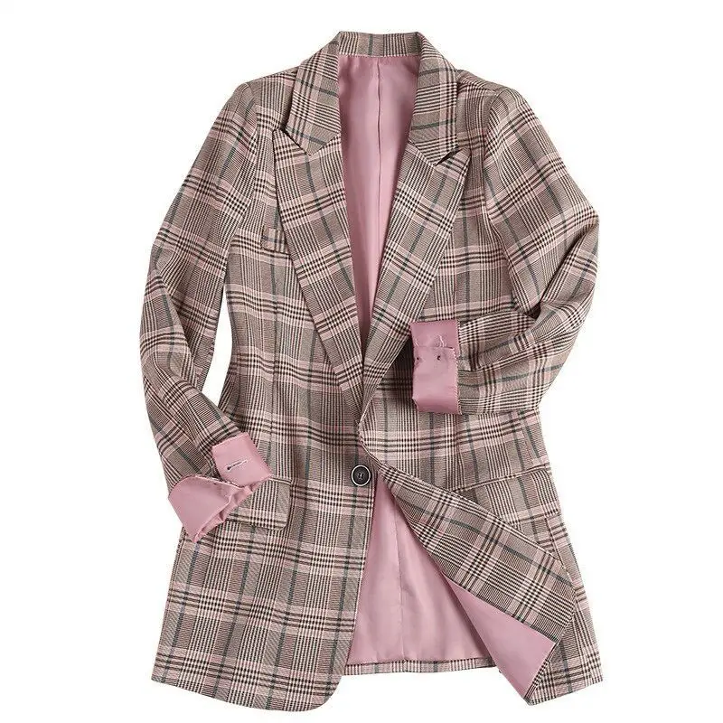 

Vintage Single Button Plaid Women Blazer Spring Summer Pockets Jackets Female Retro Suits Coat Work Feminino Outerwear Blaser