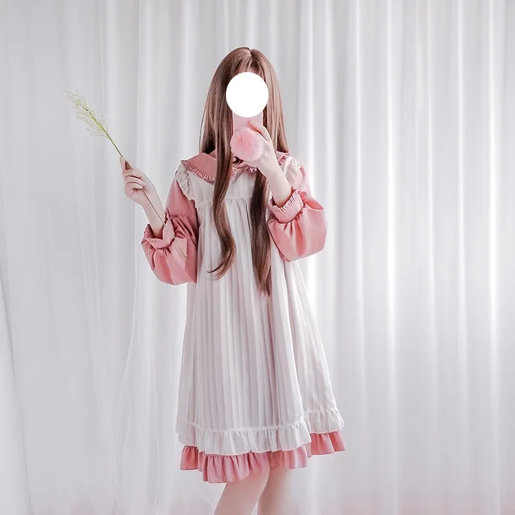 Goede Lolita Jurk Zoete Leuke Kawaii Meisjes Op Prinses Meid Vintage Ruches Rok Bladerdeeg Mouw Rood Zwart Roze Vrouwen Rok Ronde kraag