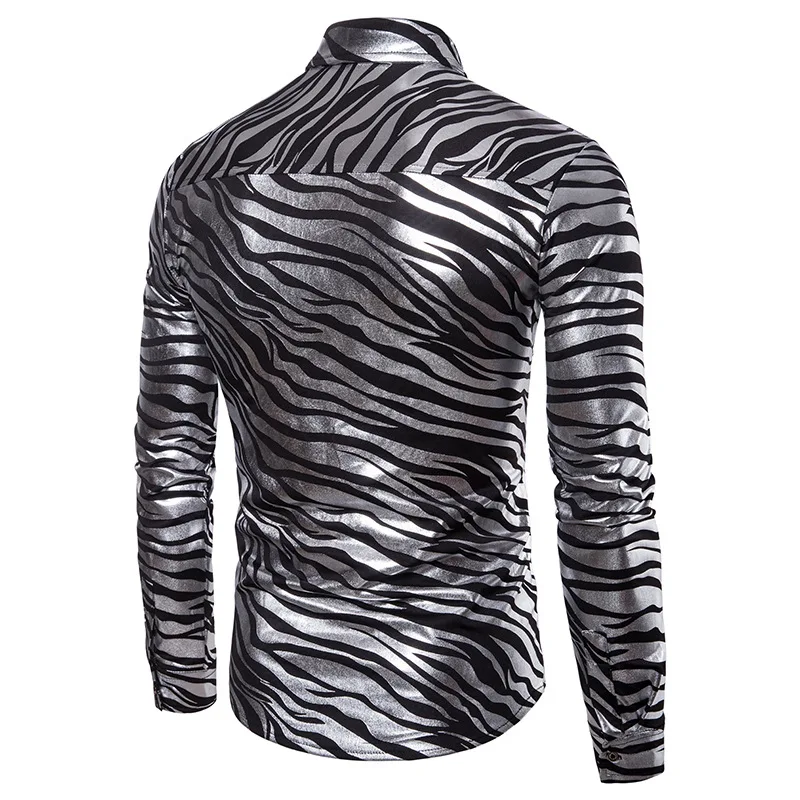 Истинный ревеллер мужские модные рубашки для ночных клубов зебра полосатая блузка горячая штамповка хип хоп топы мужские с длинными рукавами рубашка с отворотом