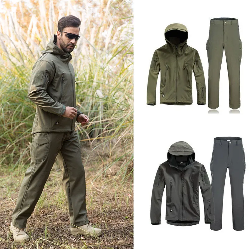 

Hunting Jacket Men Waterproof Windproof Ghillie Suit Camping Soft Shell Fleece Jacket + Pants Tactical Hiking Hunting Clothes