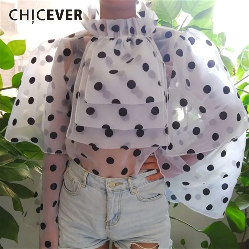 

CHICEVER Korean Dot Perspective Women Shirt Stand Collar Long Flare Sleeve Ruffle Short Length Blouse Female Fashion New Summer
