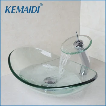 

KEMAIDI Ingot Shape Round Bathroom Art Washbasin Oval Clear Tempered Glass Vessel Sink With Waterfall Chrome Faucet Set