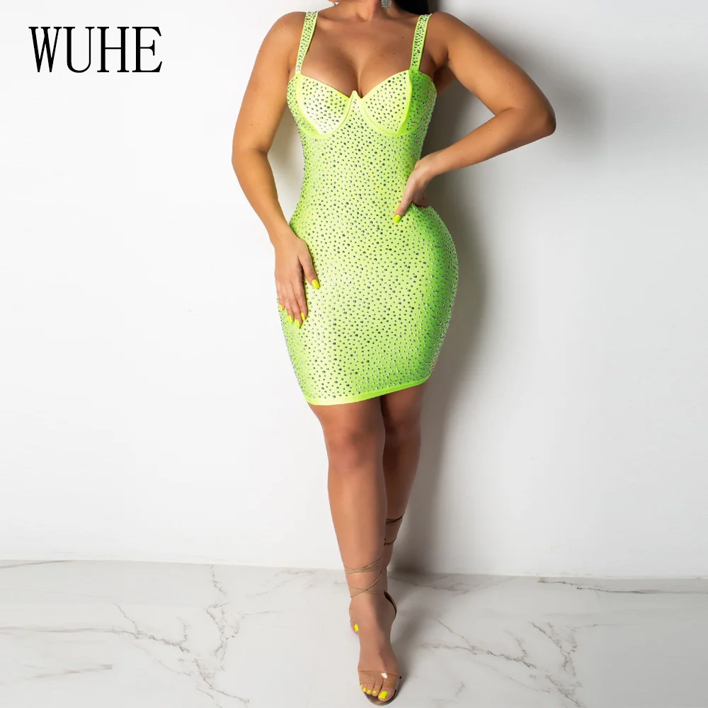 WUHE Fashion Off Shoulder Sleeveless Bodycon Sexy Reflective Dress Summer Women Elegant Crystal Diamond Glitter Party Slim Dress