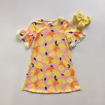

baby girls summer hot new arrival lemon dress girls pink and yellow dress cotton dress with bow