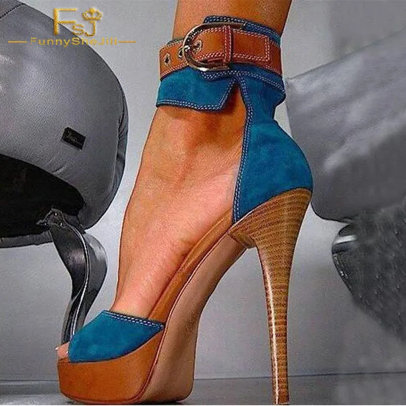 

Women Shoes Ladies Pumps 2018 Spring Autumn Blue Platform Suede Ankle Strap High Heels Plus Size Shoes11 12 13