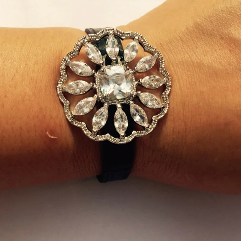 

top new Fashion adjustable size cubic zirconia monica Baguette bracelet and bangle Leather base for Women and Men