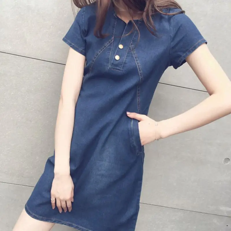 5XL Plus Size 2018 New Women Simple Button Solid Color Slim Denim Dress Short Sleeve Fitness Ladies Jean Dresses Casual Vestidos