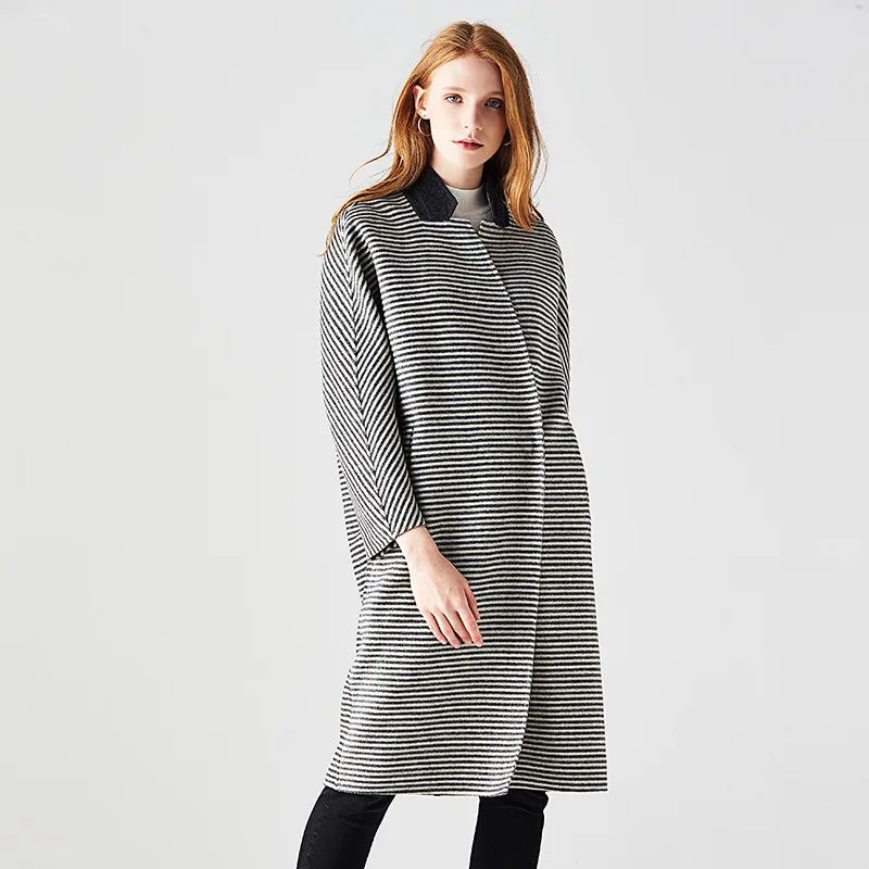 

long woolen blends cashmere coats for women 2019 autumn winter casual ladies jackets plus size overcoat white black striped