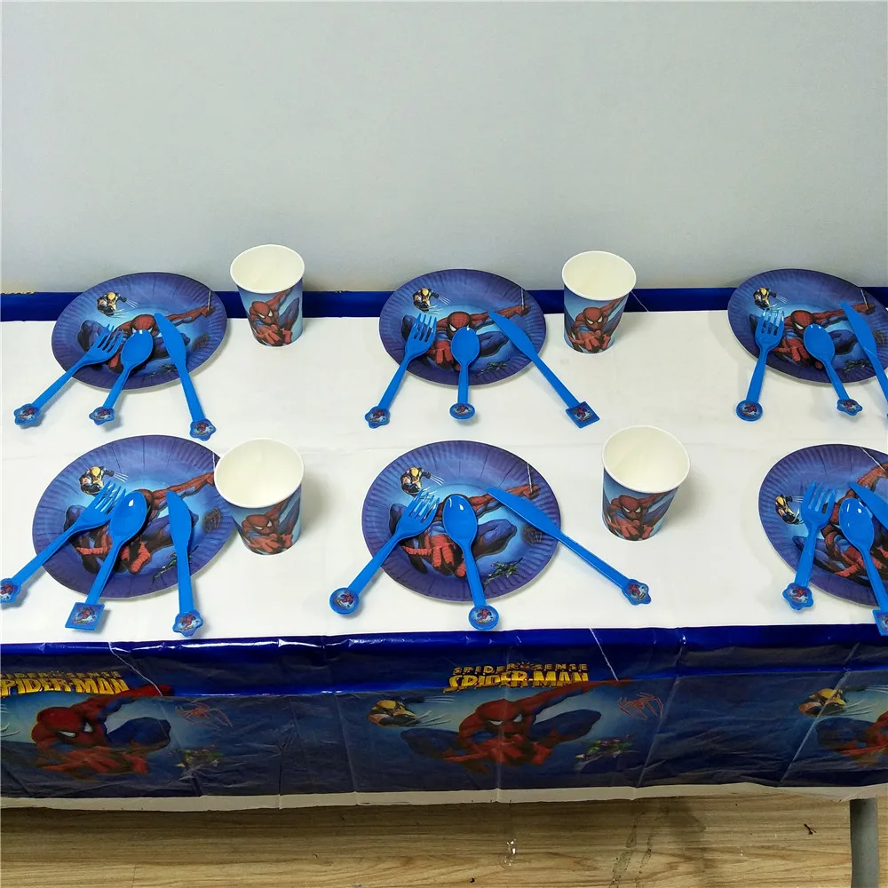 

52pcs/set Spiderman Kids Birthday Party Decoration Tablecloth Cups Plates Flag Knife Fork Spoon Event Party Supplies Favors Baby
