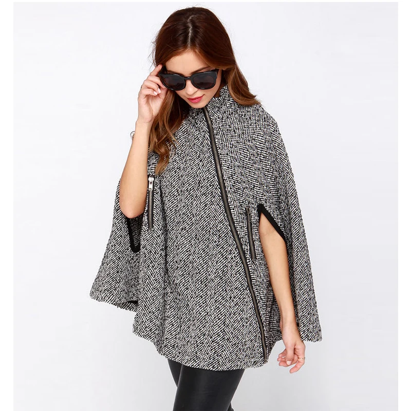 2016 New White Wool & Blends Women Outwear Coat Autumn Winter Fashion Long Cape Poncho Cloak British Style Mantle Zipper Clothes