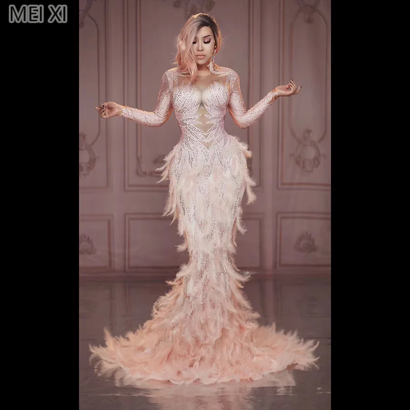 

Pink feather rhinestone big trailing dress faery birthday celebration party evening dress concert dance singer costume