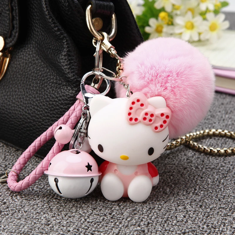 8cm Fluffy Rabbit Fur Pom Pom Bunny Keychain Vinyl Hello Kitty Metal
