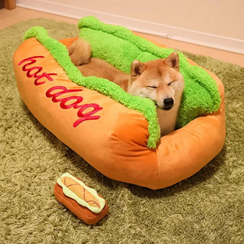 Funny Hot Dog Dog Bed Pet Cat Sofa Cushion Soft& Cozy Cat House Sleeping Bag Puppy Nest Kennel for Small Medium Pet Supplies