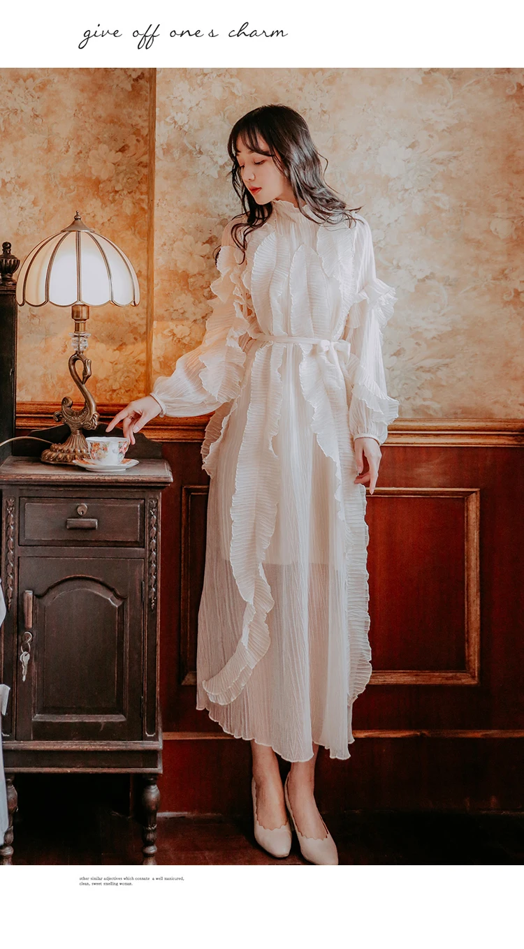 SMTHMA высококачественное подиумное платье женское весеннее/осеннее элегантное белое Плиссированное длинное платье макси с длинным рукавом и рюшами