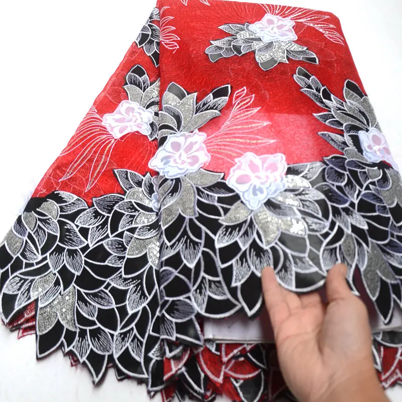 

red and black french organza lace fabric high quality african net lace fabrics embroidered with sequins nigerian lace QG644