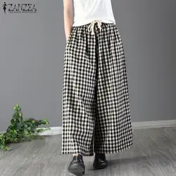 2018 плюс Размеры ZANZEA свободные длинные Pantalon шаровары Для женщин Повседневное эластичный пояс Винтаж Проверьте плед вечерние широкие брюки