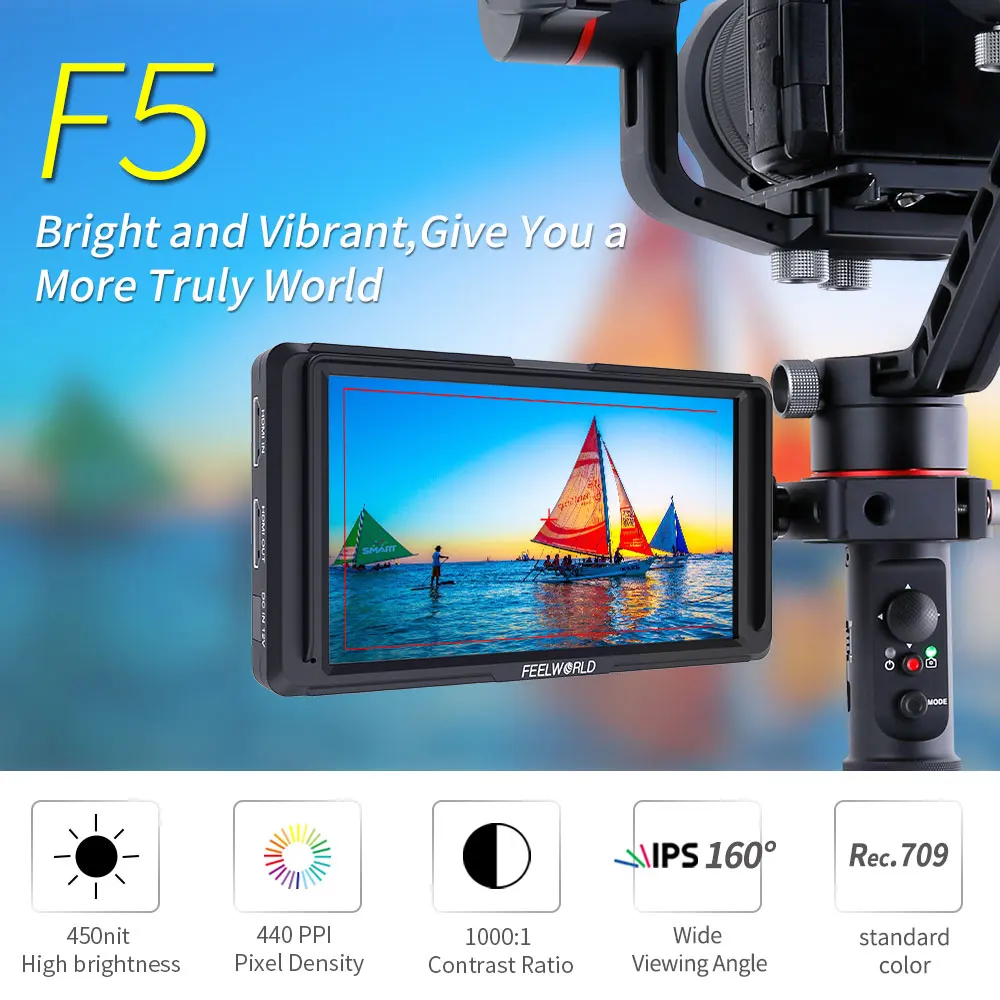 

Monitor FEELWORLD F5 5" On Camera DSLR Field Monitor 4K HDMI IPS Full HD 1920x1080 Display for DSLR DC Input Output