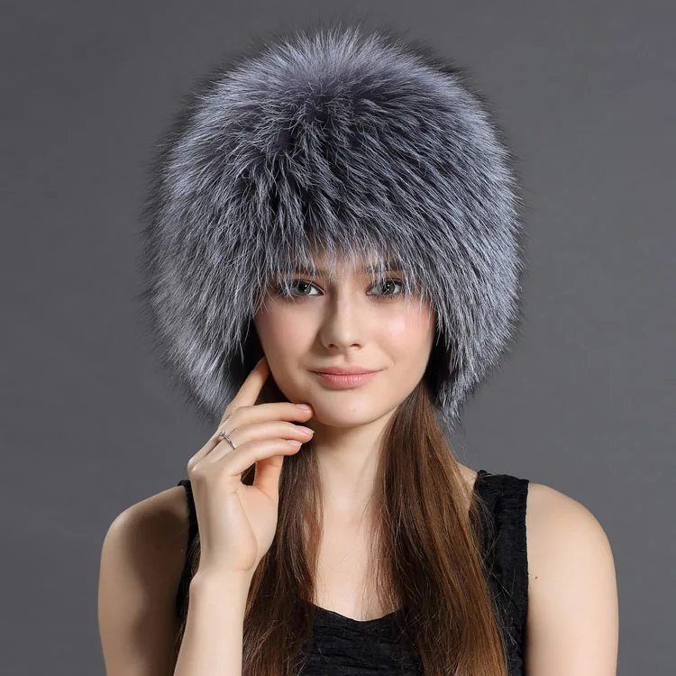 QiuMei, шапки-бомберы из натурального Лисьего меха, зимние шапки для женщин, вязаная шапка из натурального меха енота, шапка-ушанка из натурального меха - Цвет: Silver Fox