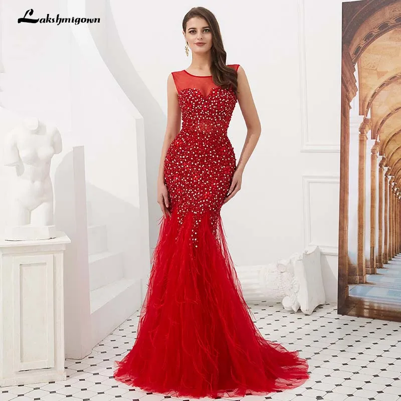 Иллюзия красное русалка вечернее платье бисером блесток Кристалл перо развертки поезд высокого класса вечернее платье Robe De Soiree