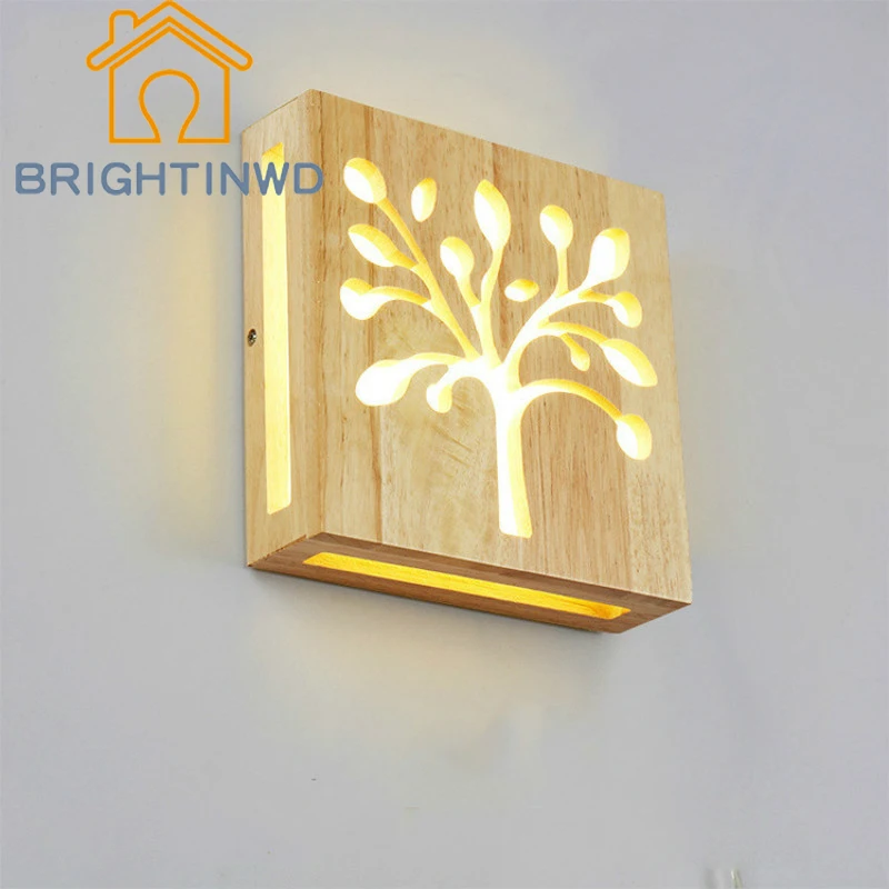 

BRIGHTINWD Creative Solid Wood Happiness Tree Pattern Modern Simple Living Room Aisle Led Bedroom Bedside Lamp Wall Lamp