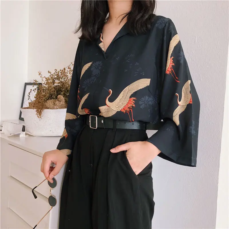 Neploe японская блуза с v-образным вырезом рубашка с рисунком журавля Harajuku с длинным рукавом Повседневная блуза, топ женские винтажные шифоновые блузки 37668