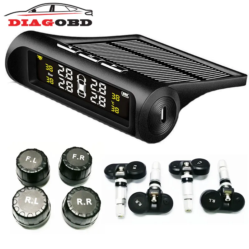

Solar TPMS Car Tire Pressure Alarm Monitor System LCD Display 4 Internal / External Sensor Temperature Warning