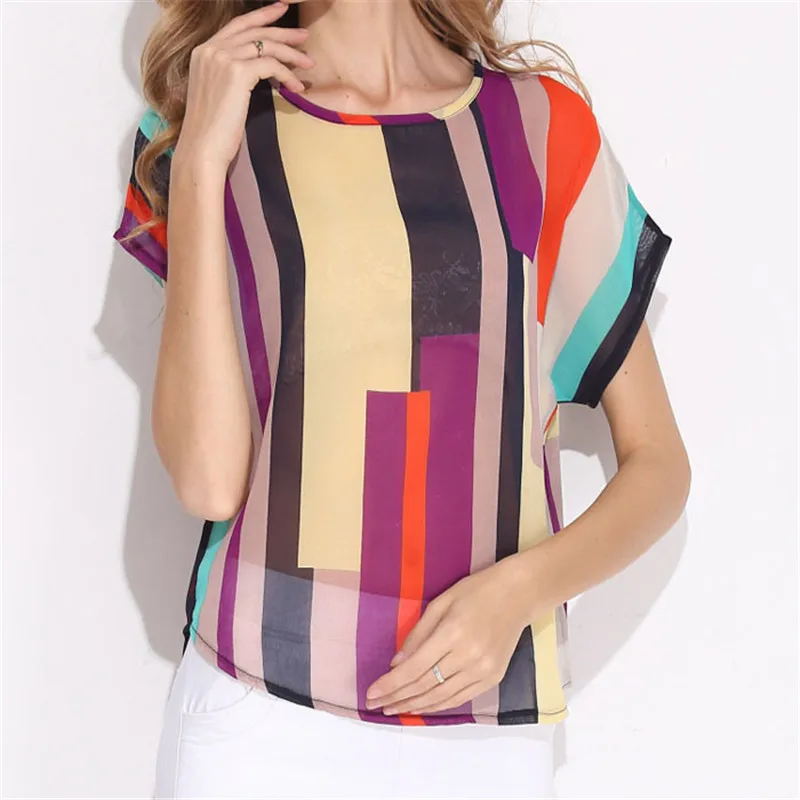 Plus sizeXXXL font b Women b font Summer Loose font b Blouse b font Rainbow Striped