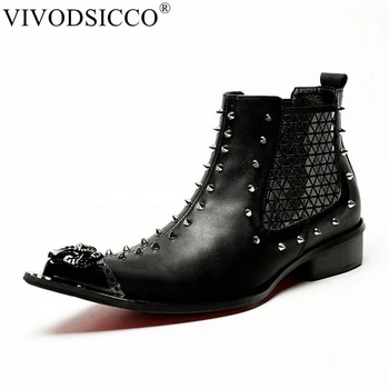 

VIVODSICCO Men Boots Genuine Leather Black Red Pointed Toe Fashion Classic Business Office Formal Rivets Ankle Boots Men Shoes