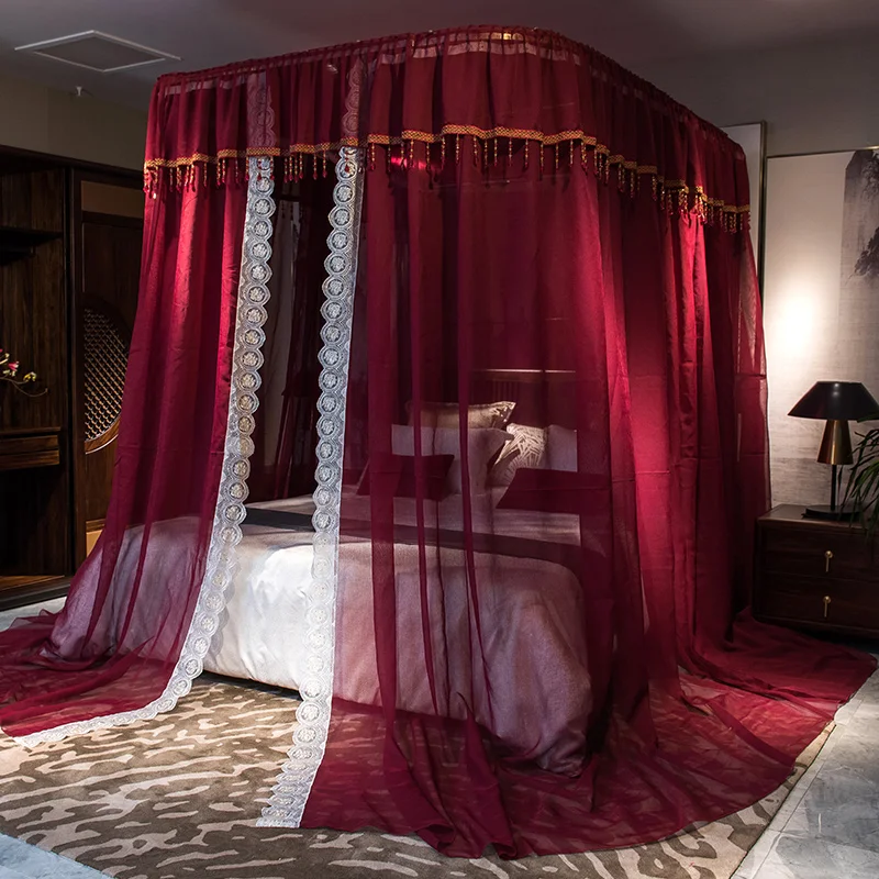 

Red Pink Gray Luxury U type Palace Style Guide Rail Three Open Door Mosquito Net Stainless Steel Mosquito Frame 1.8m 1.5m 2m bed