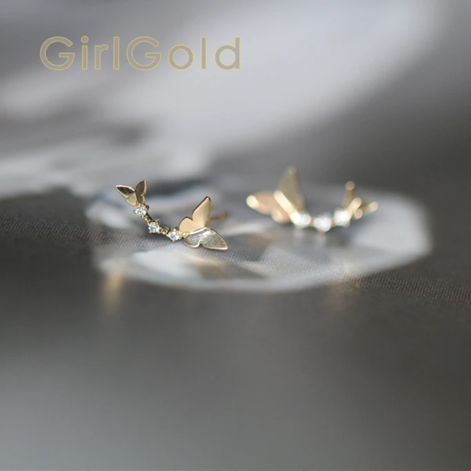 14 к твердые золотые две бабочки кристалл серьги-гвоздики мини Изящные для женщин минимальный простой стиль подарок подружки невесты