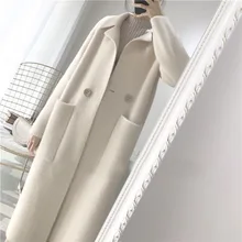Frühling Herbst Frauen Graben Mantel Lange Weiß Warme Outwear Tasche drehen-unten Collarloose Weibliche Wolle Mantel Einzigen Taste Regenmantel