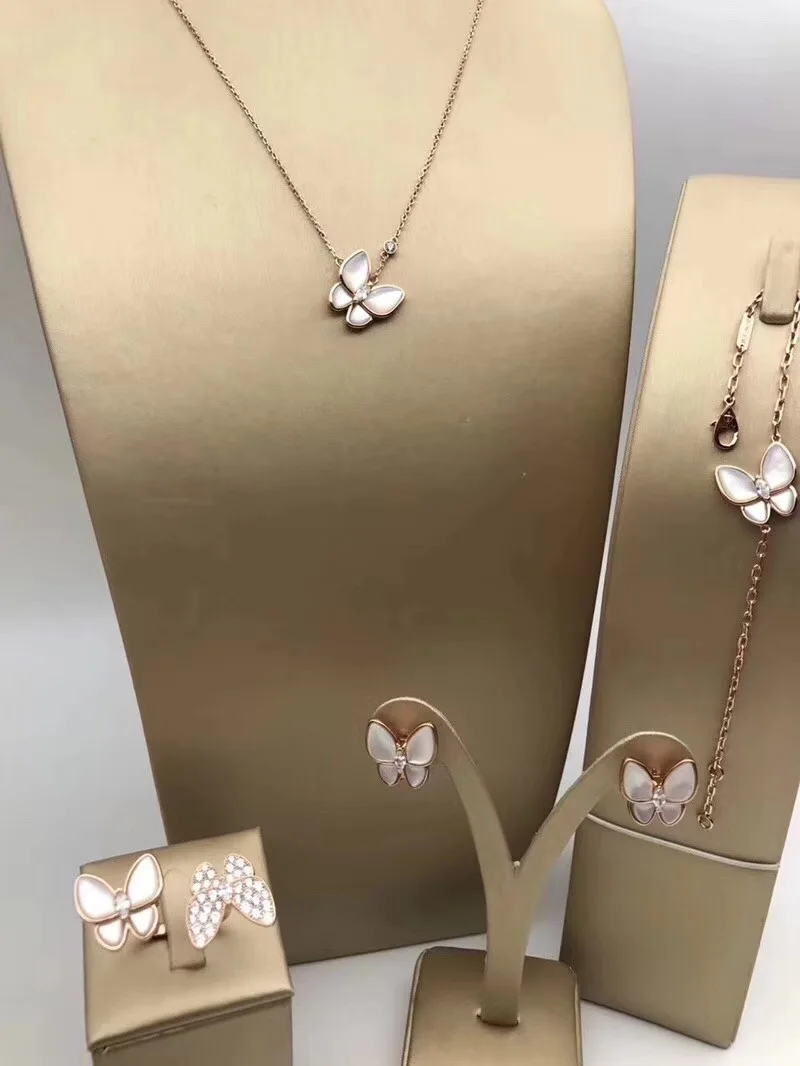

Brand Wedding Jewelry Set For Women butterfly Necklace White Mother Shell Pearl Clover Leaf Necklace Earrings Bracelet ring Set