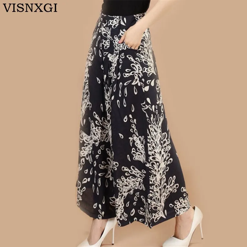 

VISNXGI New Women Pants Women Bohemia Pattern Ankle-Length Pants Wide Leg Loose Linen Female Days Silk Cotton Skirt Trousers